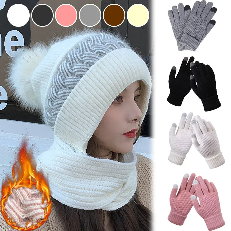 Super Cute Warm Winter Scarf Hat Gloves with Fleece